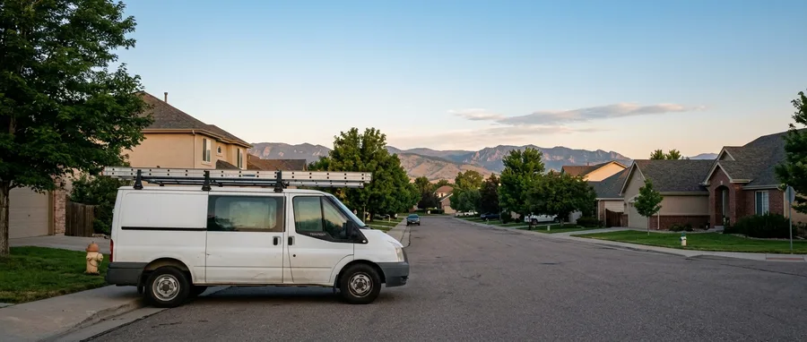 A plain white work van with a ladder on its roof rack parked at the kerb of a quiet Parker residential street in early morning light, Front Range foothills low on the horizon behind the rooflines, no logos or readable text, nobody in frame