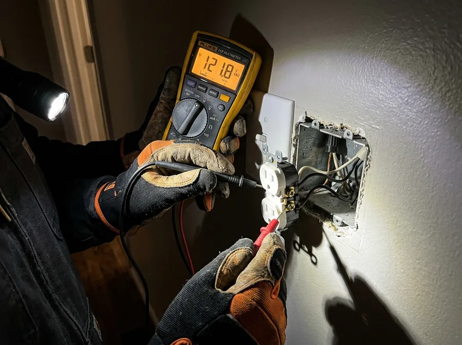 An electrician's gloved hands holding multimeter probes onto the screw terminals of a wall outlet pulled out of its box but still wired into the circuit in a home hallway, meter display lit, flashlight raking across the wall