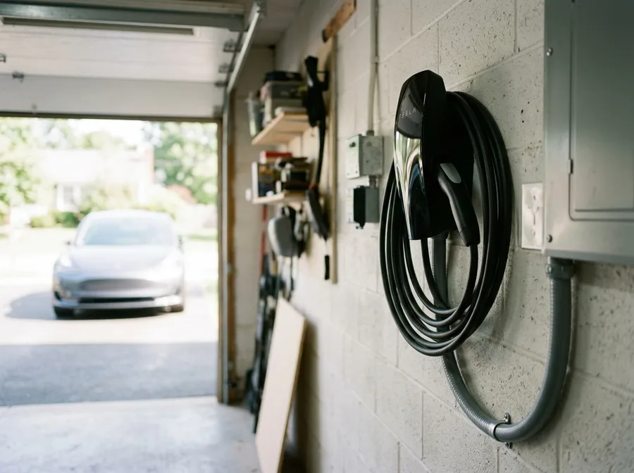 A wall-mounted EV charger fully installed on a garage wall with conduit run neatly into the wall toward the panel, charge cable coiled on its holster and connector seated, an electric car out of focus in the driveway beyond the open door