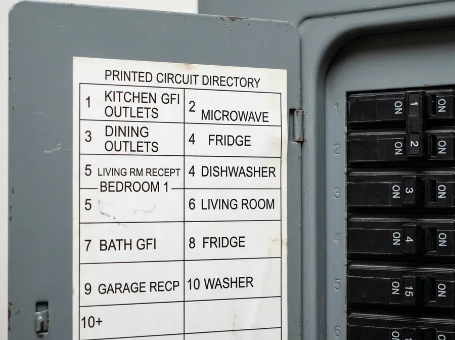 Open residential electrical panel with a new 200-amp main breaker installed, panel door removed, neatly labeled rows of breakers visible, mounted on a garage wall, no people, no text, no logos